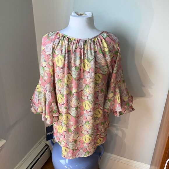 CHAPS Ralph Lauren NWT Gauzy Floral Poet Blouse w Ruffle Tiered Bell Sleeves, M - Picture 3 of 14